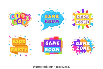 Kids zone colorful banner card set. A bright decoration element for a children's party. Colorful logos. Subscription for a children's playroom. Multicolored type design with abstract shapes. Vector.