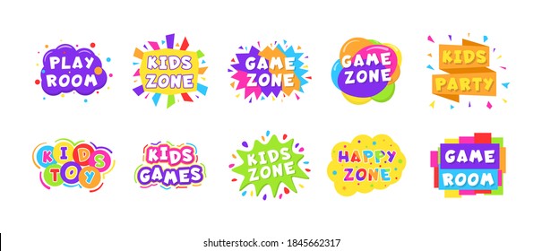 Kids zone colorful banner card set. A bright decoration element for a children's party. Colorful logos. Subscription for a children's playroom. Multicolored type design with abstract shapes. Vector.