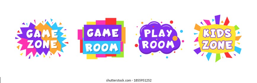 Kids zone colorful banner card set. A bright decoration element for a children's party. Colorful logos. Subscription for a children's playroom. Multicolored type design with abstract shapes. Vector.