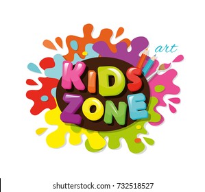 Kids zone colorful banner. Cartoon letters and paint splashes. Vector illustration.