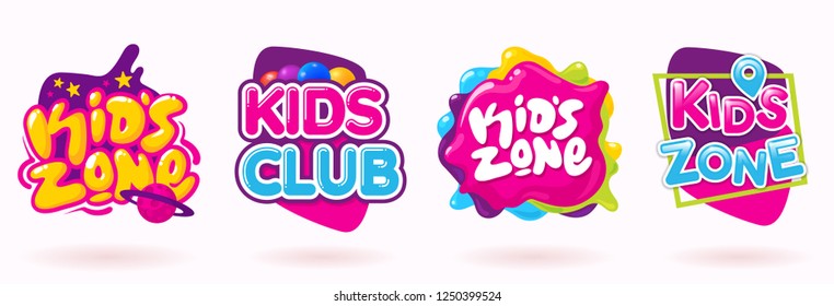 Kinder Zone bunter Banner Set. Farbiger Karamelltext auf abstraktem Hintergrund. Melden Sie sich für Kinderspielzimmer an. Schöne Cartoon-Rahmen. Helles Dekorationselement für kindische Feiern. Vektor eps10.