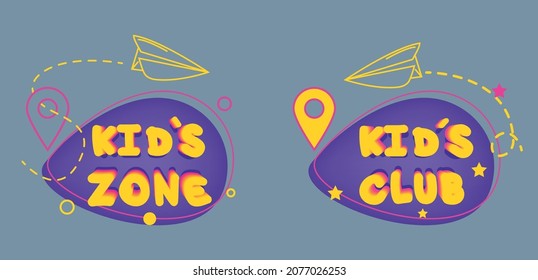 Kids zone colorful banner. Colorful text in caramel on abstract background. Sign in the children's playroom. Funny cartoon frames. Bright decorative element for the children's party.