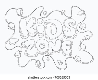 Kids zone. Colorful cartoon logo. Inscription on isolated background. A sign for a children's room or a playground. Isolated inscription on white background. Hand-drawn Vector Illustration