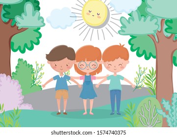 kids zone, cute girl and boys in the park sun cartoon vector illustration