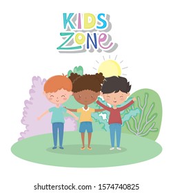 kids zone, cute girl and boys in the meadow sun cartoon vector illustration