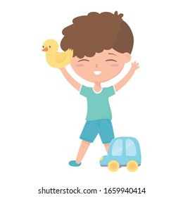 kids zone, cute little boy alphabet blocks teddy bear and car toys vector illustration