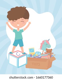 kids zone, cute little boy on alphabet block box with toys vector illustration