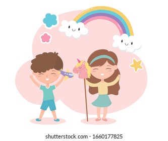 kids zone, cute little boy and girl with plane and horse stick toys vector illustration