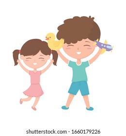 kids zone, cute little boy and girl with duck plane toys vector illustration