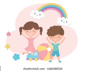 kids zone, cute little boy and girl train ball rainbow stars cartoon toys vector illustration