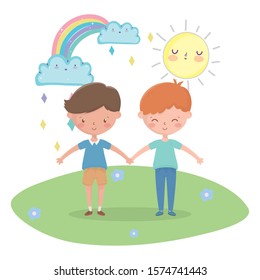 kids zone, cute little boys holding hands in the outdoors rainbow vector illustration