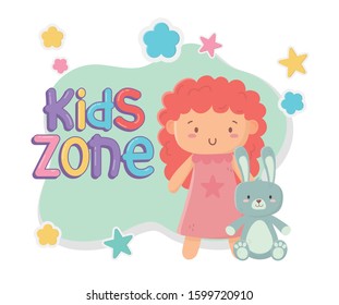 kids zone, cute little doll and rabbit toys vector illustration