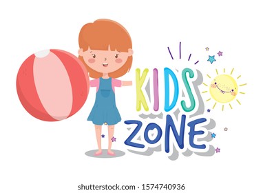 kids zone, cute little girl with beach ball toy vector illustration