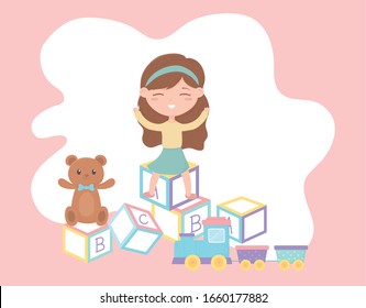 kids zone, cute little girl alphabet blocks teddy bear and train toys vector illustration