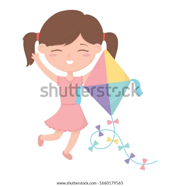 kids zone, cute little girl playing with her\
kite cartoon toys vector\
illustration