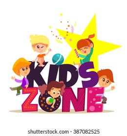 Kids zone design concept with group of little boys and girls laying together. Vector illustration isolated on white background