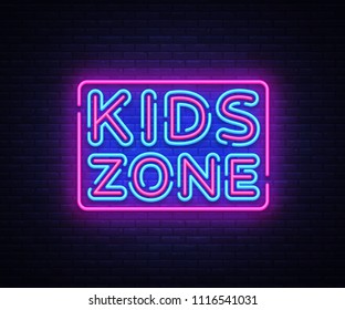 Kids Zone design template neon sign, light banner, neon signboard, nightly bright advertising, light inscription. Vector illustration