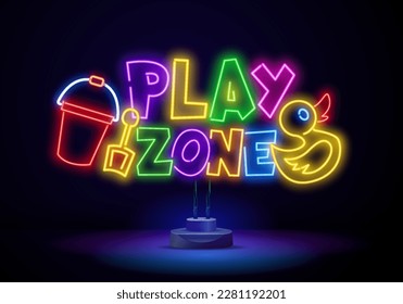 Kids Zone design template neon sign, light banner, neon signboard, nightly bright advertising, light inscription. Vector illustration