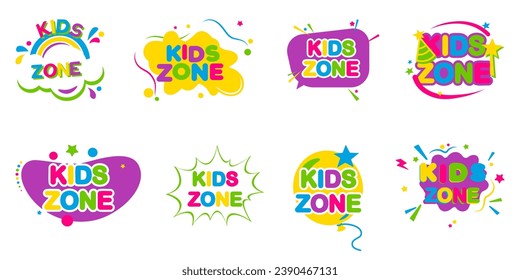 Kids zone emblem collection. Game room party labels, children education and entertainment club elements. Kid play room label, colorful game area banner and funny badge