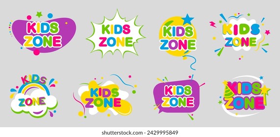 Kids zone emblem collection. Game room party labels, children education and entertainment club elements. Kid play room label, colorful game area banner and funny badge