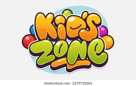 Kids Zone emblem design in funny cartoon style. Kids area label design with comic bubble letters. Ideal for sticker, signboard, website, poster, print.