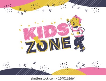 Kids Zone Emblem Design With Text, Happy Chinese Boy Jumping On Abstract Pink And Yellow Background. Hand Drawn Vector Illustration. Sketch Style. For Party Decor, Banner, Birthday Card, Invitation.