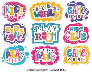 Kids zone emblems. Colorful children playroom and game area emblems, bright colorful fun logos badges, entertainment park and educational club signs, game zone party. Vector labels or stickers set