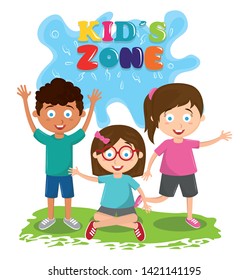 kids zone entertaiment three children afroamerican boy and girl wearing glasses all over the grass avatar cartoon character vector illustration graphic design