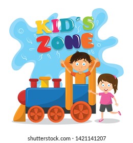 kids zone entertaiment two children playing over a train avatar cartoon character vector illustration graphic design