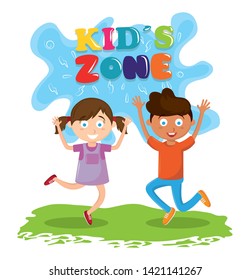 kids zone entertaiment two children jumping over the grass avatar cartoon character vector illustration graphic design