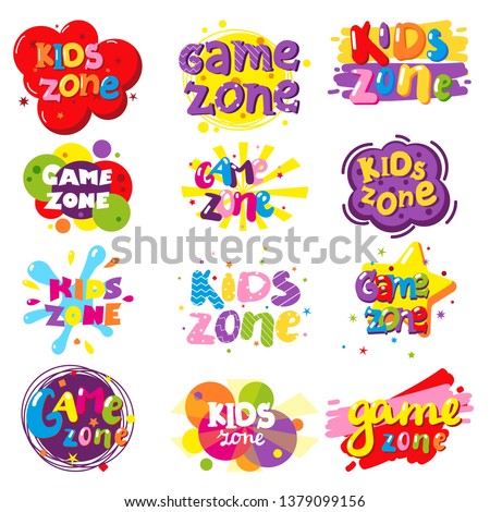 Kids zone entertainment banner set, vector illustration isolated on white background. Children playground, game room or center logo.