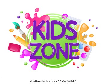 Kids zone entertainment childish banner label sticker badge logo. Cartoon colorful logo for children's playroom decoration, fun play, kids zone vector illustration