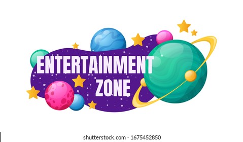 Kids zone entertainment childish banner label sticker badge logo. Cartoon colorful logo for children's playroom decoration, fun play, entertainment zone vector illustration