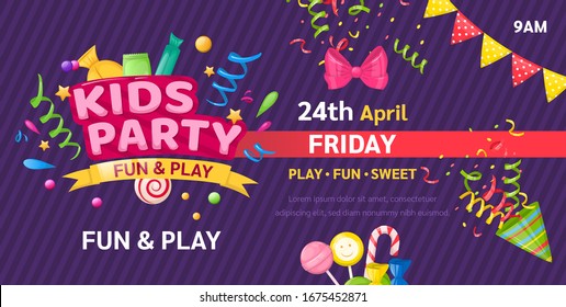 Kids zone entertainment childish banner for birthday party, childish fun party. Decoration for a children's playroom, kids game room. Party invitation, flyer template vector illustration