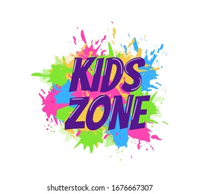 Kids zone entertainment childish banner label sticker badge logo. Cartoon colorful logo for children's playroom decoration, fun play, kids zone vector illustration