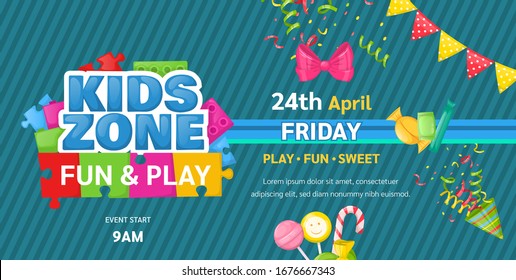 Kids Zone Entertainment Childish Banner For Birthday Party, Childish Fun Party. Decoration For A Children's Playroom, Kids Game Room. Party Invitation, Flyer Template Vector Illustration