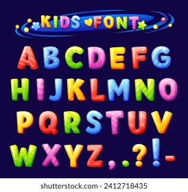 Tipo de letra de zona infantil. Letra latina original del alfabeto infantil letras de dibujos animados juguetones, tipografía divertida infantil signo de tipo abc texto para juego educativo escolar, ilustración vectorial del carácter tipográfico del tipo de letra del alfabeto