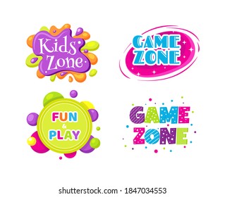 Kids zone fun day entertainment set childish banner label sticker badge logo. Cartoon colorful logo for children's playroom decoration, fun play, kids zone vector illustration