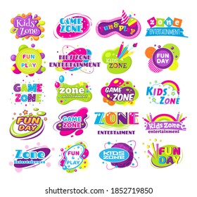 Niños zona diversión día de entretenimiento conjunto de pancartas infantiles etiqueta etiqueta etiqueta etiqueta etiqueta adhesiva logo. Logo de dibujos animados coloridos para la decoración de la sala de juegos para niños, juego divertido, ilustración del vector de zona infantil