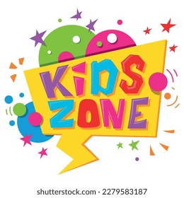 Kids zone geometric speech bubble confetti ball banner isometric design vector illustration. Childish place for fun and happy quick tips poster entertainment game playroom playground child party sign