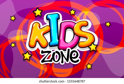 Kids zone glossy font. Colorful background. Children style font. Kids zone cartoon logo. Comics book halftone text. Font for Kids play room pop art. Comic text speech bubble colored background.