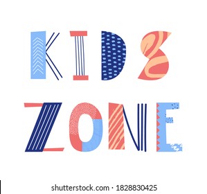 Kids zone hand drawn lettering, Social media post, poster, card. Vector illustration.