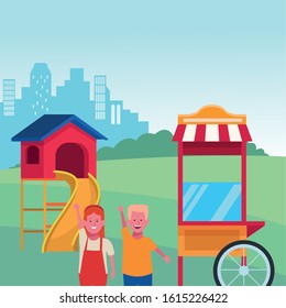 kids zone, happy boy and girl food booth slide city park playground vector illustration
