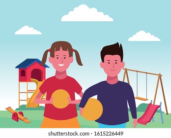 kids zone, happy boy and girl with balls and swing slide seesaw playground vector illustration