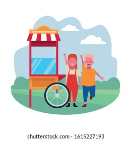 kids zone, happy boy and girl with food booth playground vector illustration