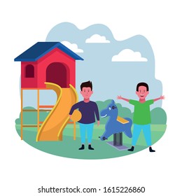 kids zone, happy boys with ball slide and spring horse playground vector illustration