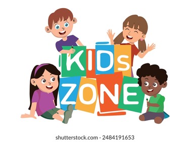 kid's zone. happy cute kids playing playground vector illustrations. children with toys. children's games. kids around the world.