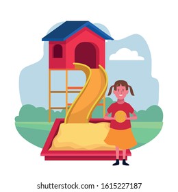 kids zone, happy girl with ball slide sandbox playground vector illustration