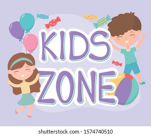 kids zone, happy little boy and girl balloons and candies cartoon vector illustration kids zone, happy little boy and girl balloons and candies cartoon vector illustration