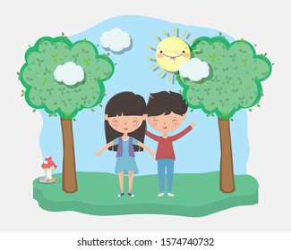 kids zone, happy little boy and girl in the park trees mushroom sun vector illustration